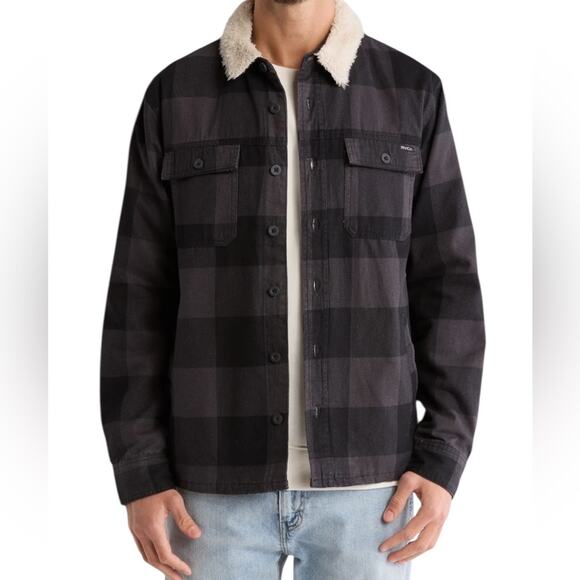 Men’s RVCA Range Faux Shearling Collar Plaid Shirt/Jacket – Sz Med - Picture 1 of 10